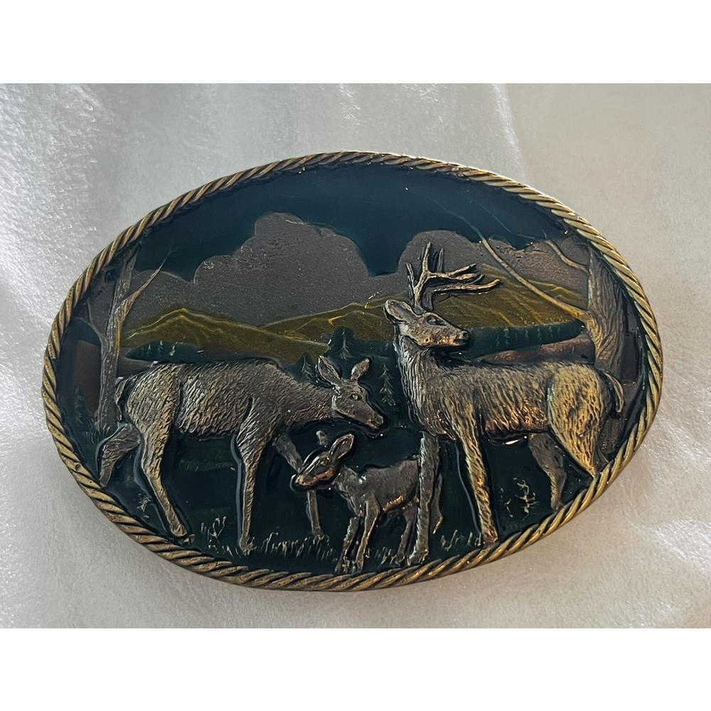 1980’s Great American Buckle Co Deer Enamel & Pewter Belt Buckle #1008 VTG!